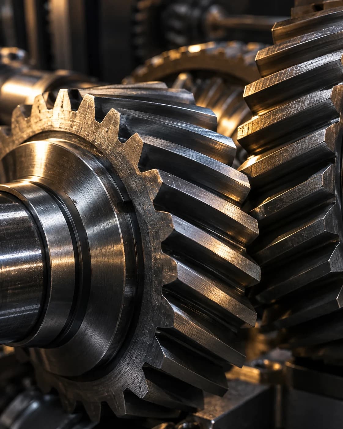 Close-up of precision helical gears in machined steel